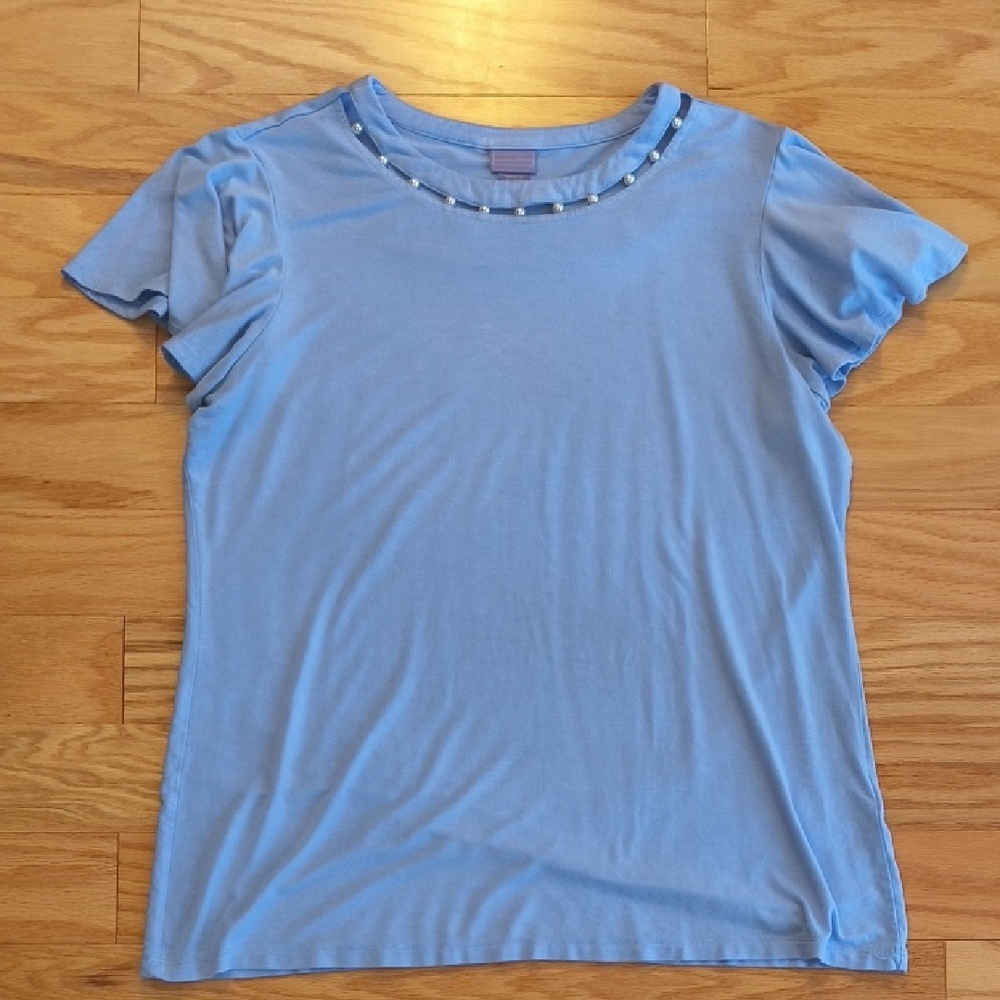 Laura Scott, Pearls & Light Blue Flutter Sleeve Top, Ladies XL (U)